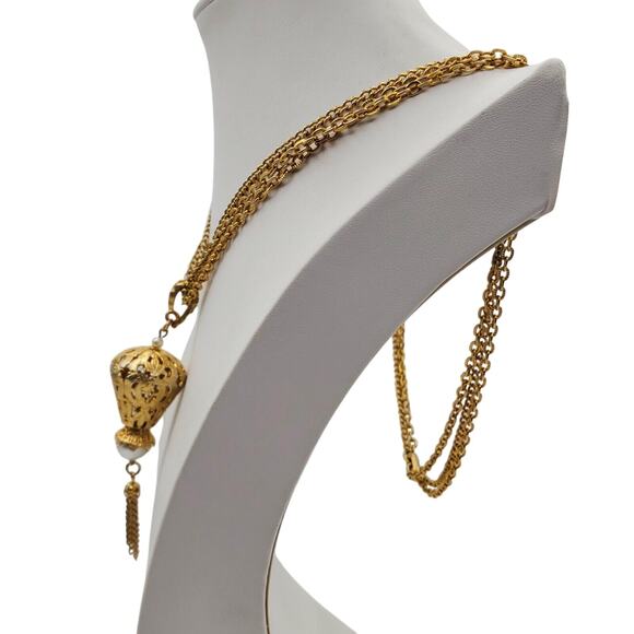 Retro Celebrity Pearl Drop Pendant Necklace Gold Tone Chunky Chain Statement Vtg - Picture 2 of 7